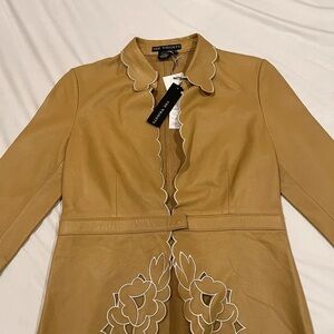 Chic Tan Leather Blazer with Floral Detailing